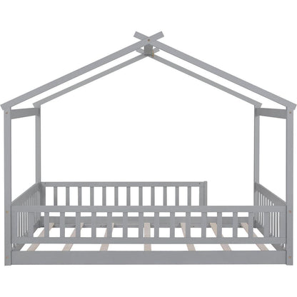 Full Size Wood Bed House Bed Frame with Fence, for Kids, Teens, Girls, Boys,Gray
