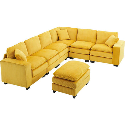 Modern U Shaped 6-seat Sectional Sofa Couch with one Ottoman and three toss pillows, Modular Sofa for Living Room,Corduroy sofa