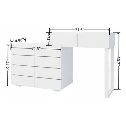 Extended Desktop 10 Drawers Chest of Drawer without Handle White Color Vanity