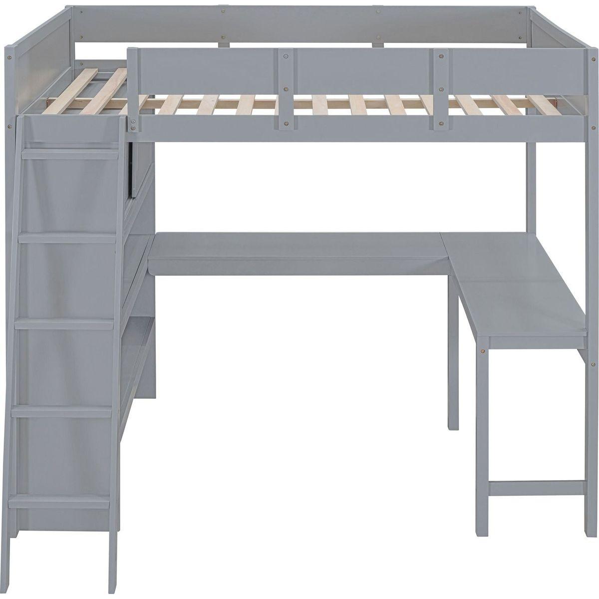Full Size Loft Bed with Desk and Shelf - Gray