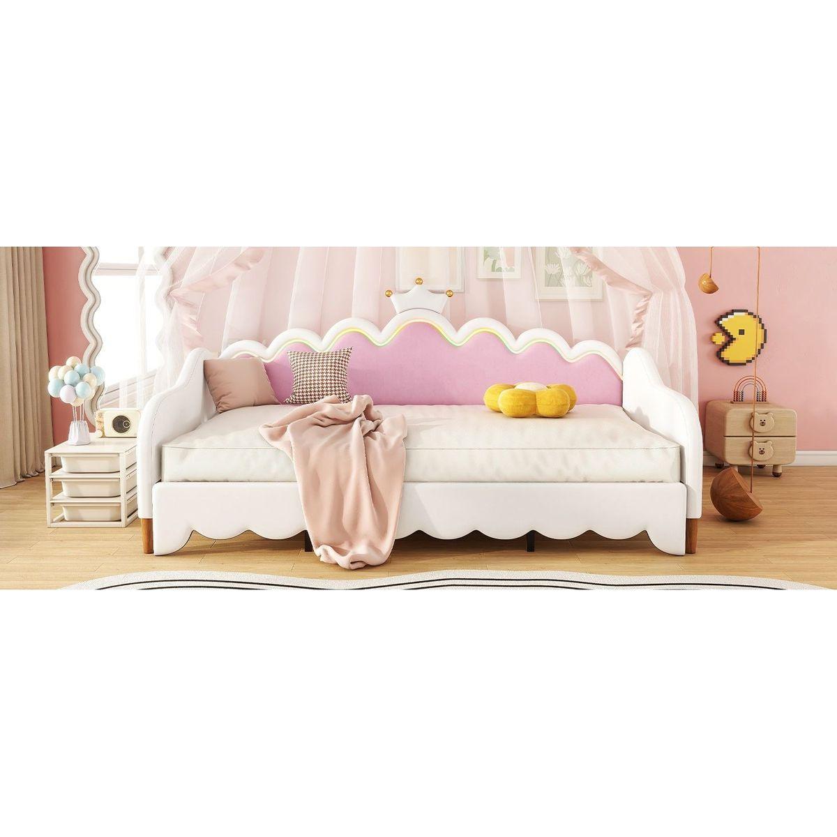 Twin Extending Daybed with LED Lights, Modern Upholstered Princess Daybed With Crown Headboard,White - Streamdale Furniture