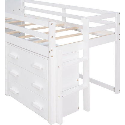 Twin Size Loft Bed with Cabinet and Shelf - White