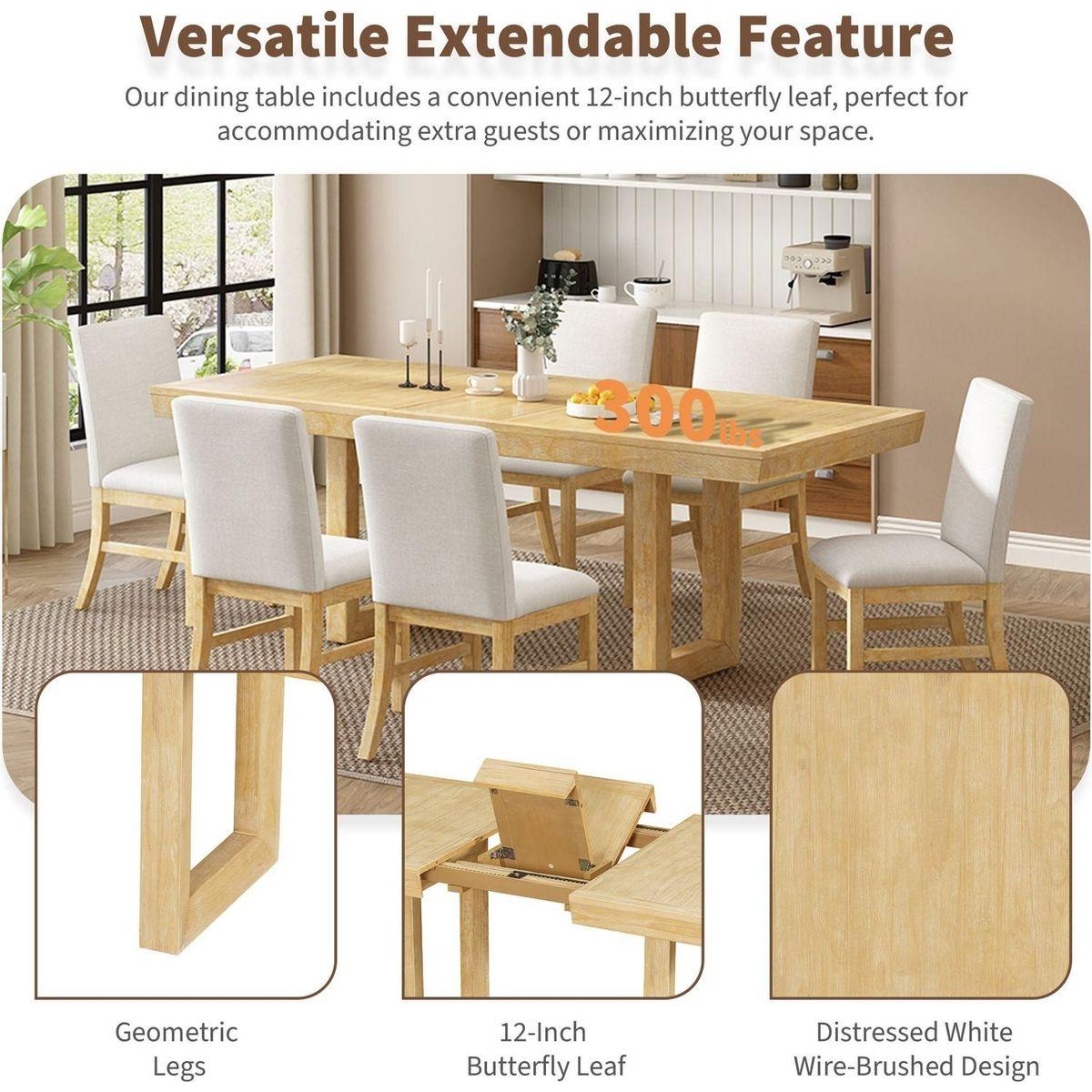 Traditional 7-Piece 72" Extendable Dining Table Set with 12inch Butterfly Leaf and 6 Upholstered Dining Table Set, Natural