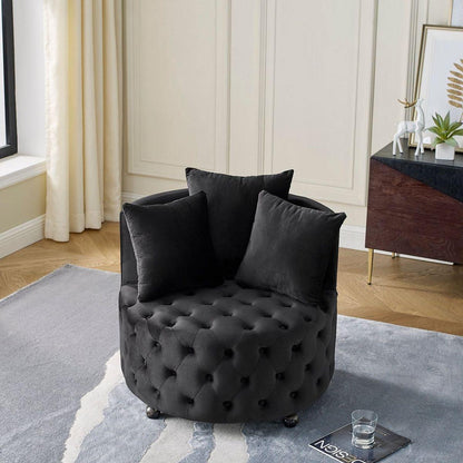 Velvet Upholstered Swivel Chair for Living Room, with Button Tufted Design and Movable Wheels, Including 3 Pillows, Black