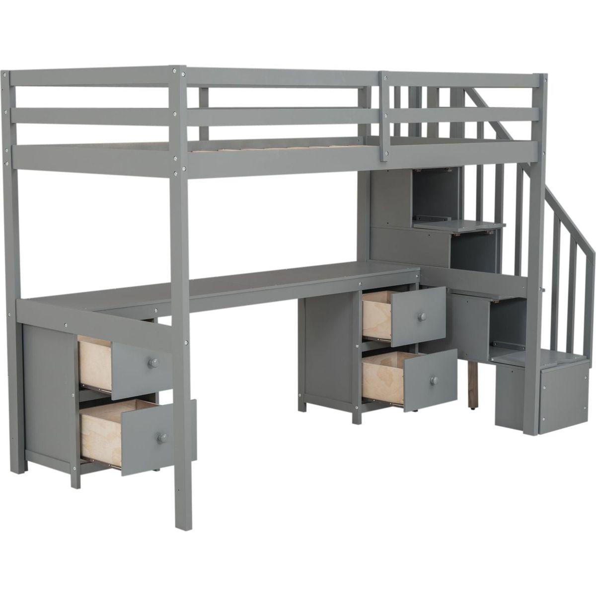 Twin Size Loft Bed Frame with Built-in Desk and Double Storage Drawers,Gray