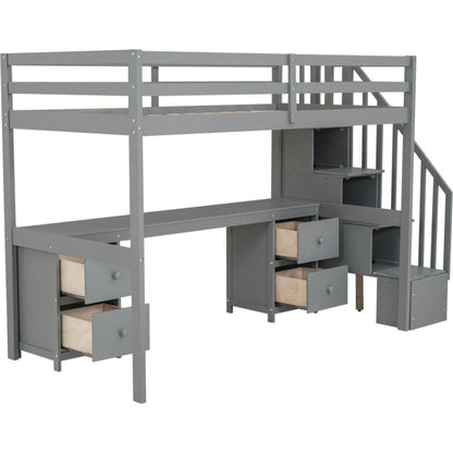 Twin Size Loft Bed Frame with Built-in Desk and Double Storage Drawers,Gray