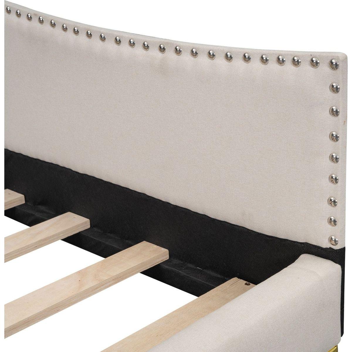 Full Size Upholstered Daybed with Headboard and Armrest, Support Legs, Beige