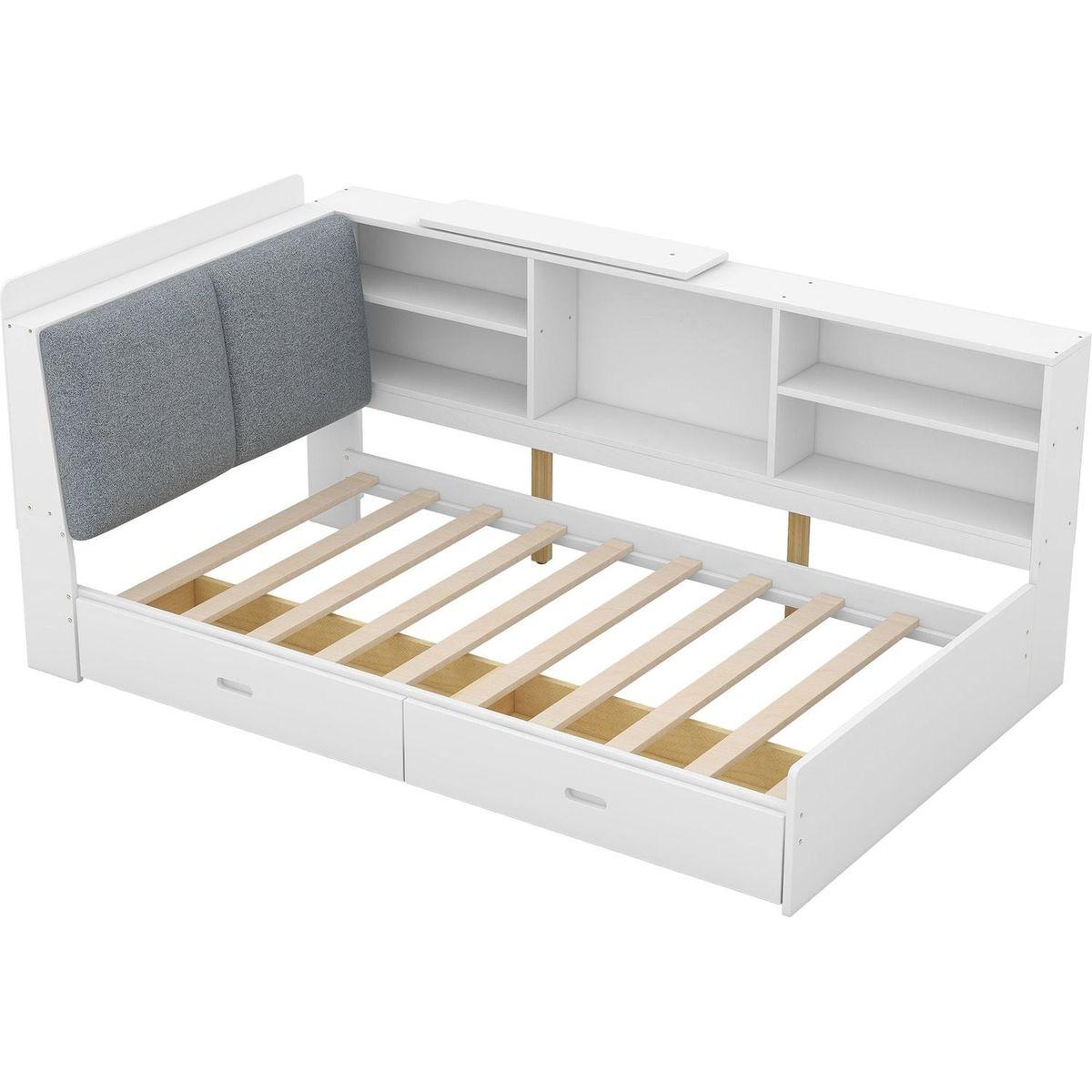 Wood Twin Size platform bed with Storage Headboard, Shelves and 2 Drawers, White