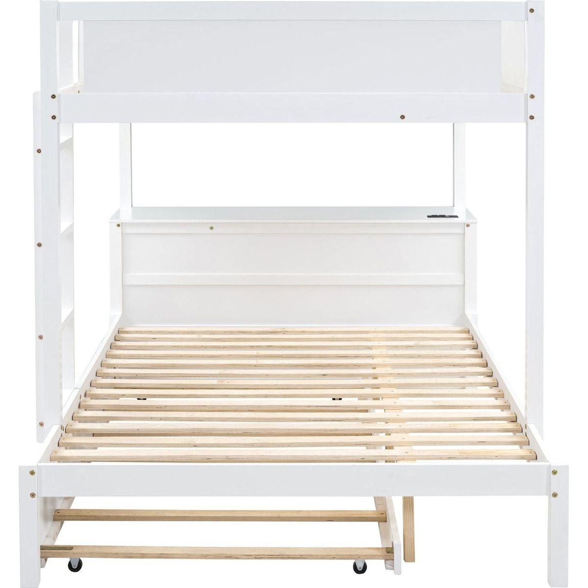Full-Over-Full Bunk Bed with Twin size Trundle, Storage and Desk, White