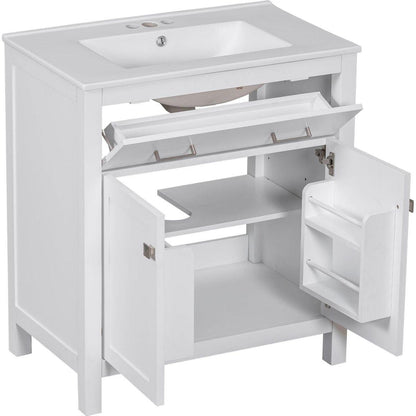 30-inch Bathroom Vanity with Ceramic Sink, Modern White Single Bathroom Cabinet with 2 Doors and a Shelf, Soft Close Doors