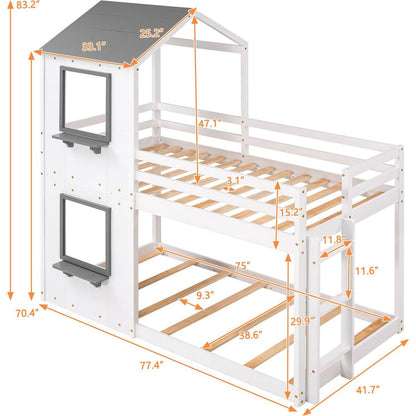 Twin Over Twin Bunk Bed Wood Bed with Roof, Window, Guardrail, Ladder (White)