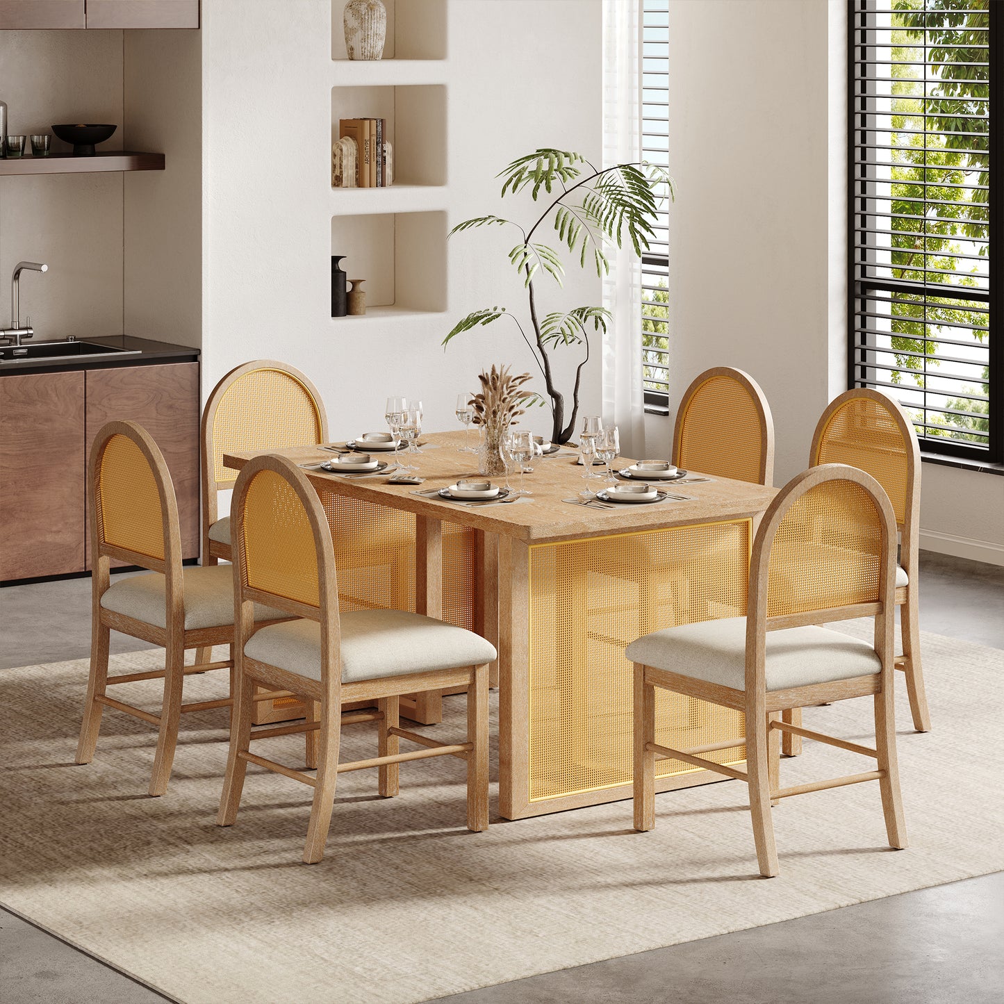 TREXM 7-Piece Farmhouse Dining Table Set for 6 - 59.8' Rectangular Dining Table with Distressed Oak Veneer and 6 Rattan Chairs, Rustic Kitchen Furniture for Dining Room(Natural)
