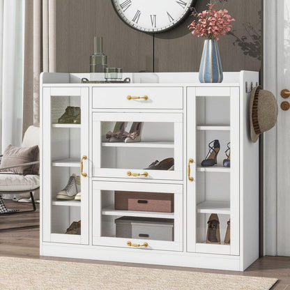 Modernist Side Cabinet with 4 Glass Doors & 3 Hooks, Freestanding Shoe Rack with Multiple Adjustable Shelves, Versatile Display Cabinet with Gold Handles for Hallway, Living Room, White