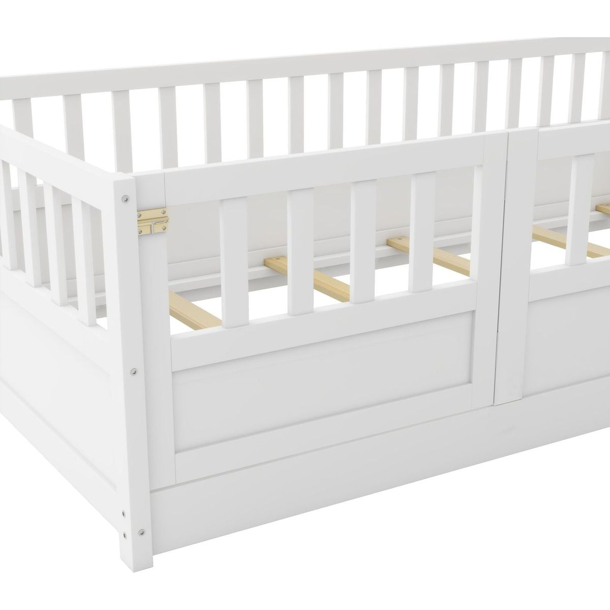 Twin Size Floor bed, integral construction with super high security barrier, door, children's floor bed frame, Montessori wooden children's floor bed, Support slat white