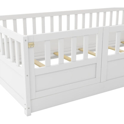Twin Size Floor bed, integral construction with super high security barrier, door, children's floor bed frame, Montessori wooden children's floor bed, Support slat white