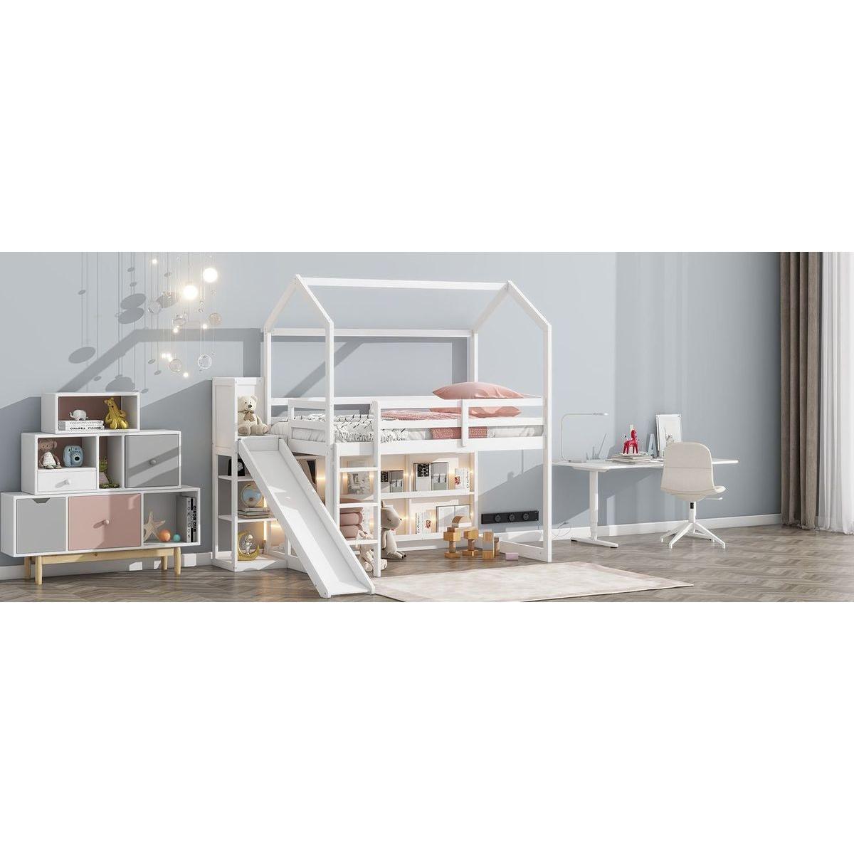 Twin Size Wood House Loft bed with Slide, Storage shelves and Light, White