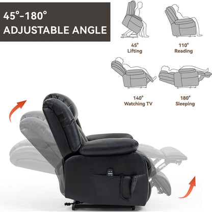 Dual Motor Infinite Position Up to 350 LBS Electric Medium size Genuine Leather Black Power Lift Recliner Chair with 8-Point Vibration Massage and Lumbar Heating