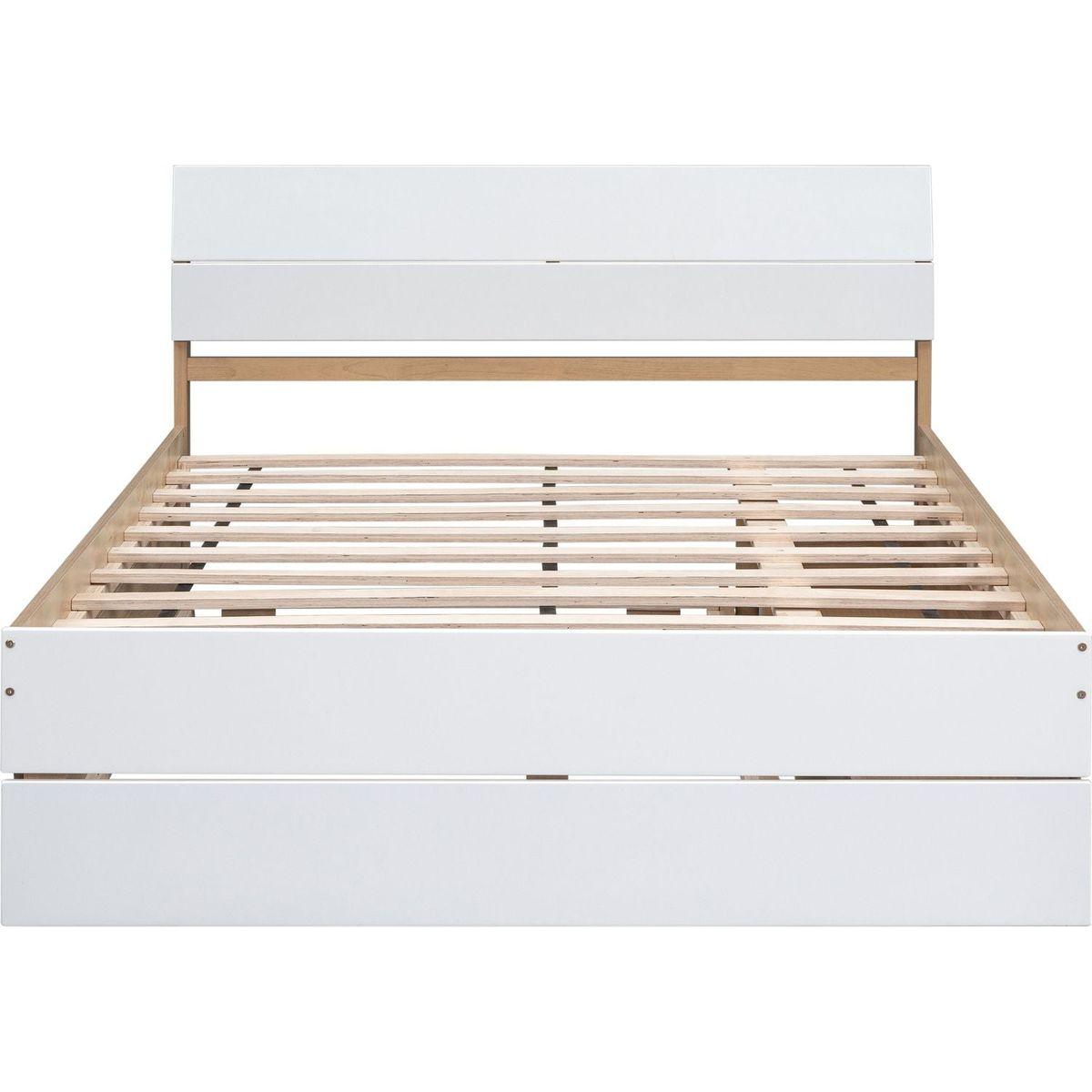 Modern Full Bed Frame With Twin Size Trundle And 2 Drawers For White High Gloss With Light Oak Color