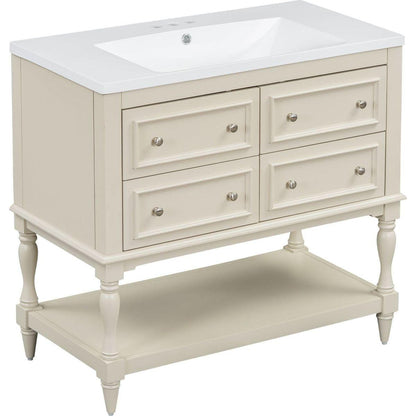 36" Bathroom Vanity Cabinet with Sink Combo Set, Undermount Resin Sink, Free Standing Vanity Set with 4 Drawers, Solid Wood Frame Bathroom Cabinet, Beige