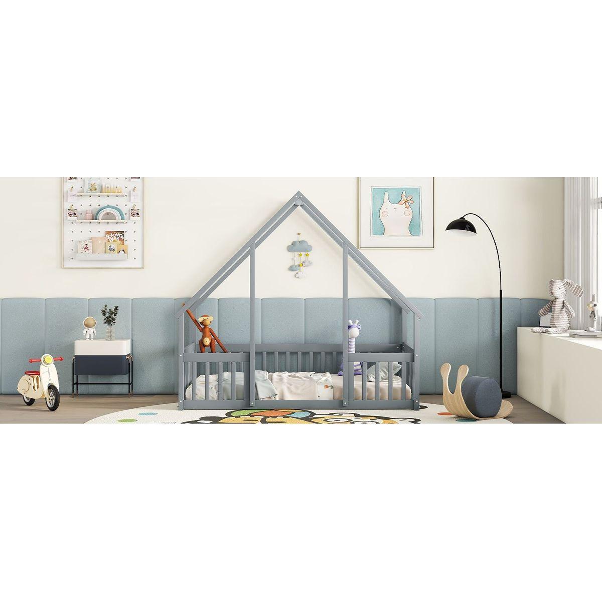Twin Wood House-Shaped Floor Bed with Fence, Guardrails, Grey