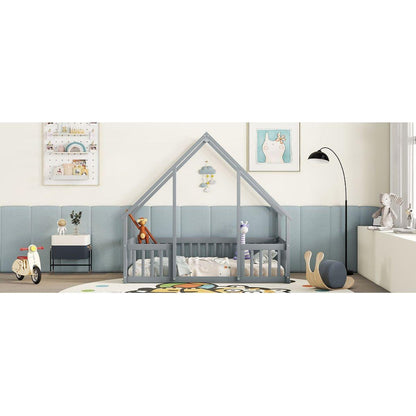 Twin Wood House-Shaped Floor Bed with Fence, Guardrails, Grey