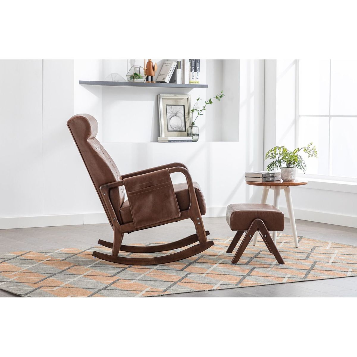 Rocking Chair With Ottoman, Mid-Century Modern Upholstered Fabric Rocking Armchair, Rocking Chair Nursery with Thick Padded Cushion, High Backrest Accent Glider Rocker Chair for Living Room