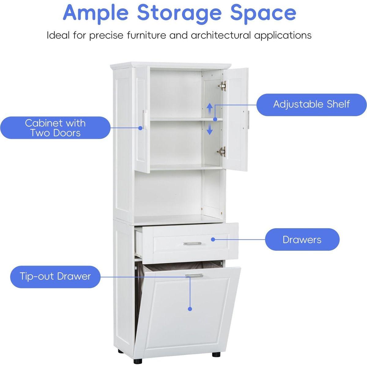 Tall Bathroom Cabinet with Laundry Basket, Large Storage Space Tilt-Out Laundry Hamper and Upper Storage Cabinet, White