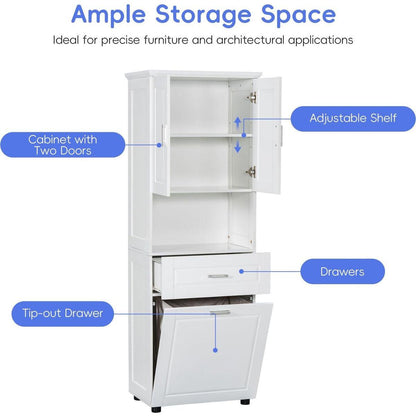 Tall Bathroom Cabinet with Laundry Basket, Large Storage Space Tilt-Out Laundry Hamper and Upper Storage Cabinet, White