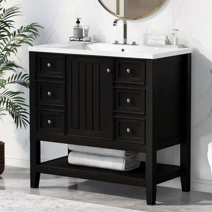 36" Bathroom Vanity with Sink Combo, One Cabinet and Three Drawers, Solid Wood and MDF Board, Black