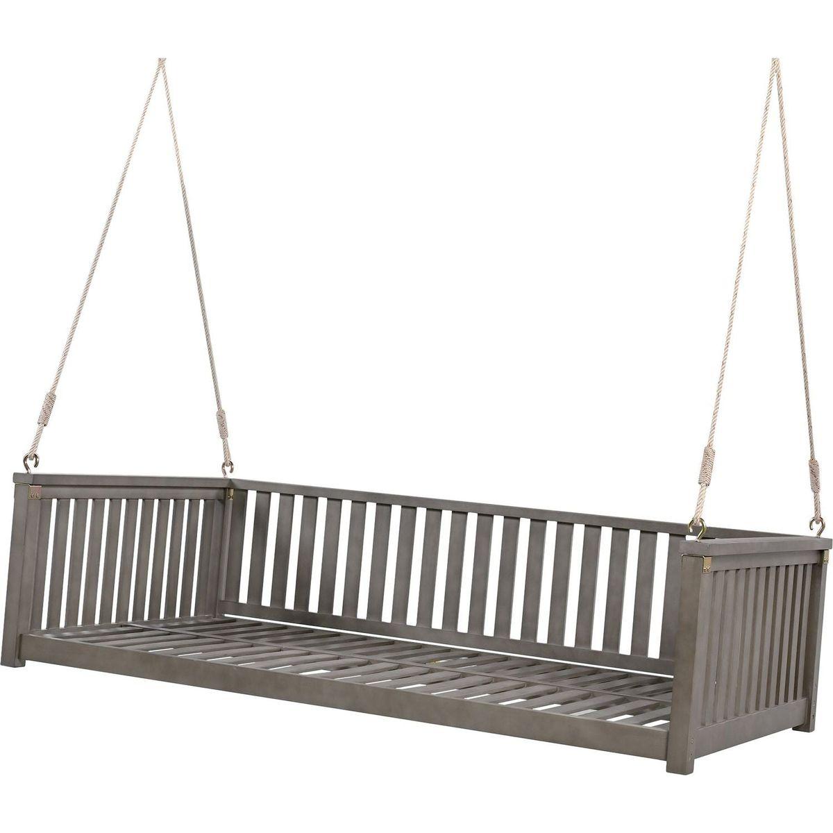 Patio Minimalist Twin Size Garden Swing Bed Wood Porch Swing with Ropes for Backyard, Safe Sloped Design, Gray