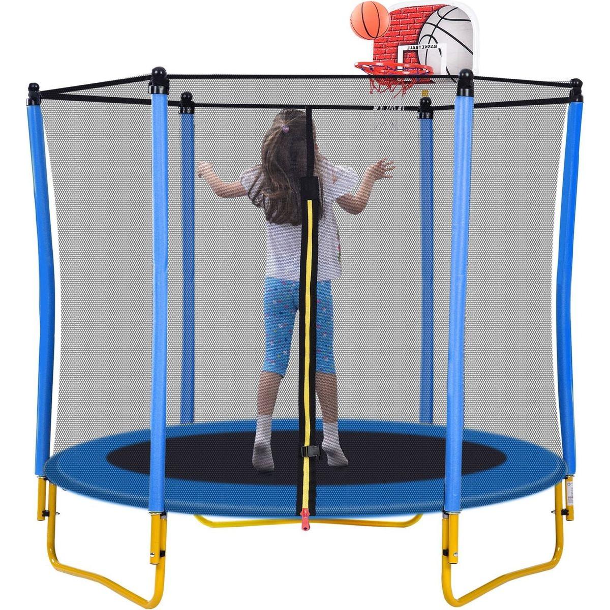 5.5FT Trampoline for Kids - 65" Outdoor & Indoor Mini Toddler Trampoline with Enclosure, Basketball Hoop and Ball Included