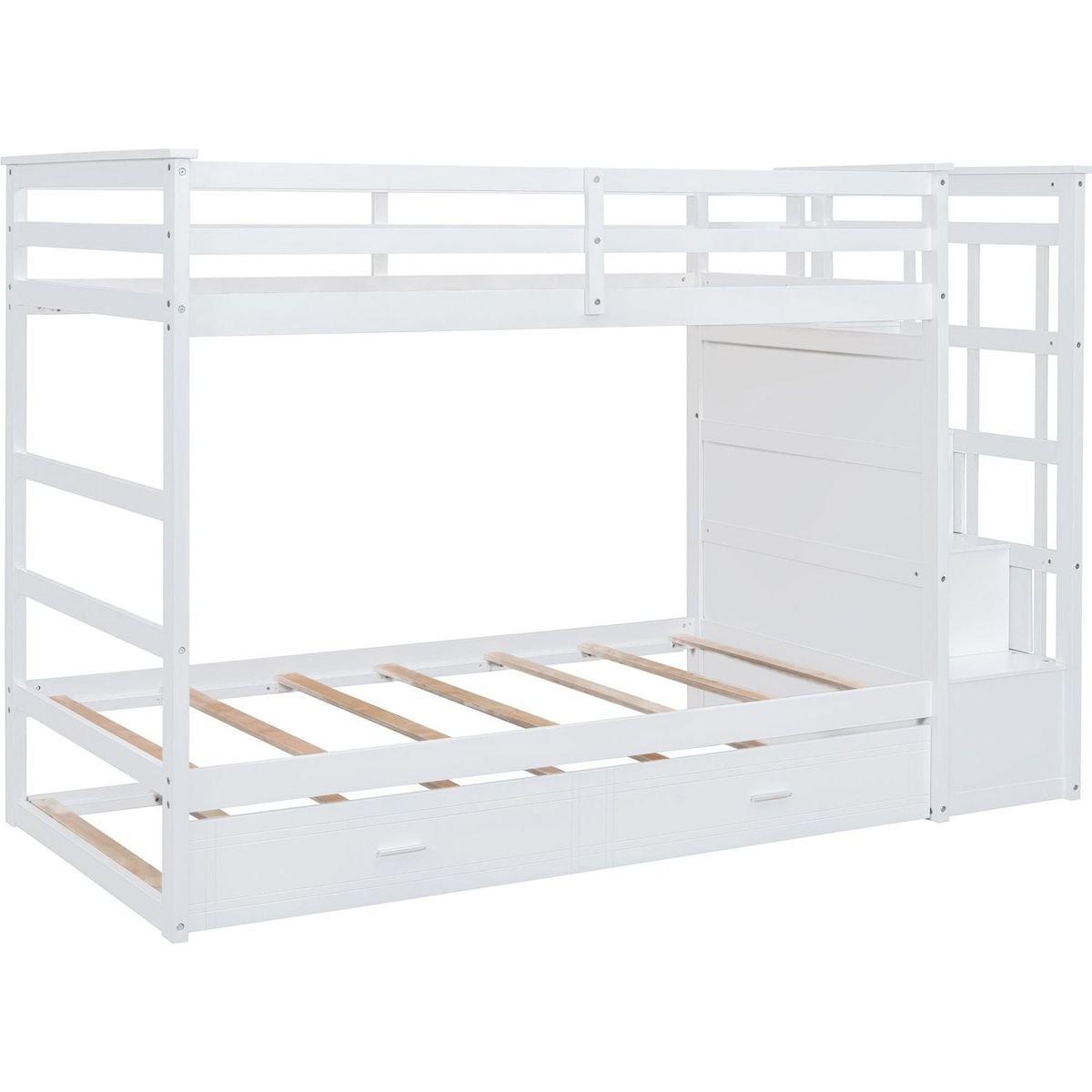 Twin Over Twin Bunk Bed with Trundle and Staircase,White