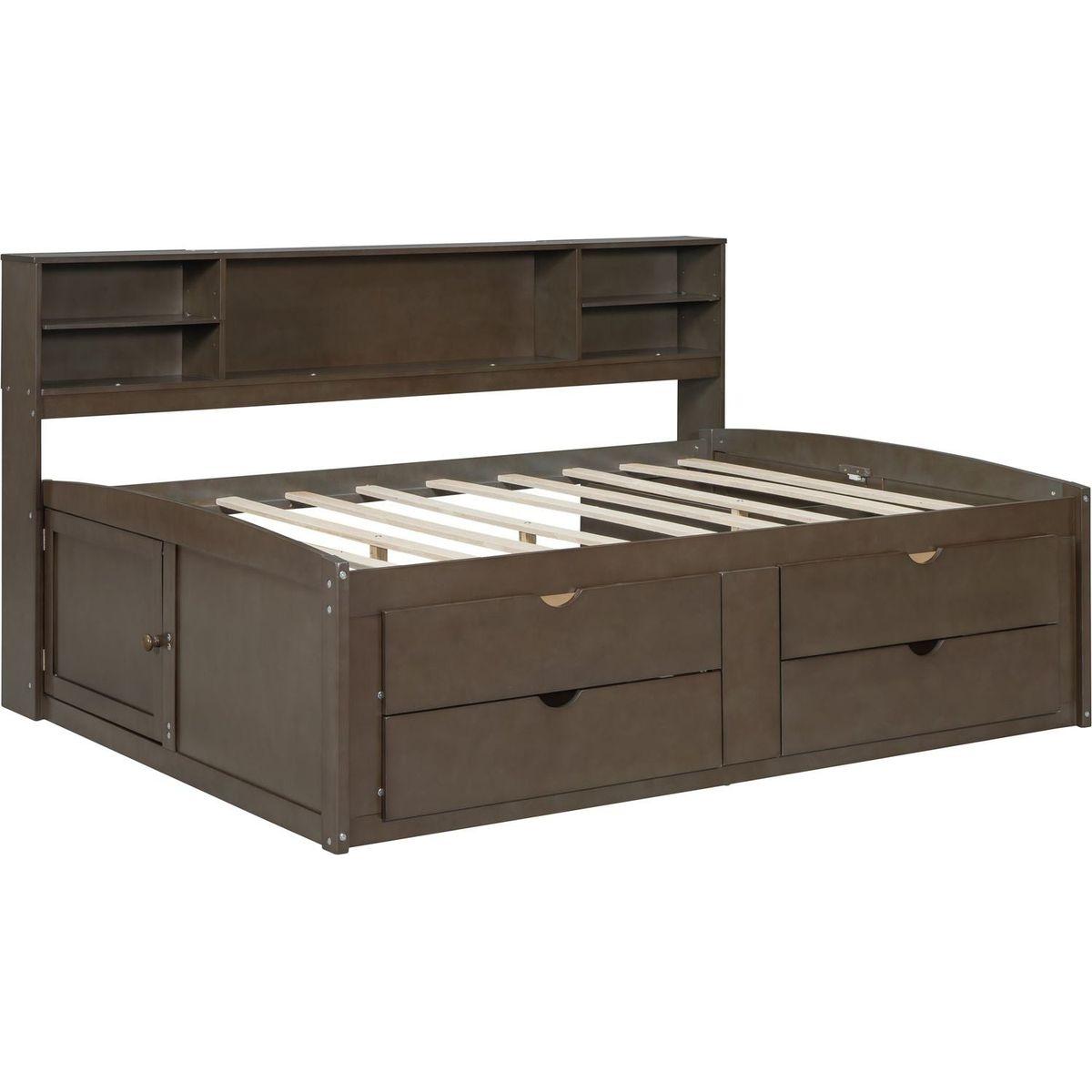 Full Size Wood Daybed with 2 Bedside Cabinets, Upper Shelves and 4 Drawers, Antique Brown