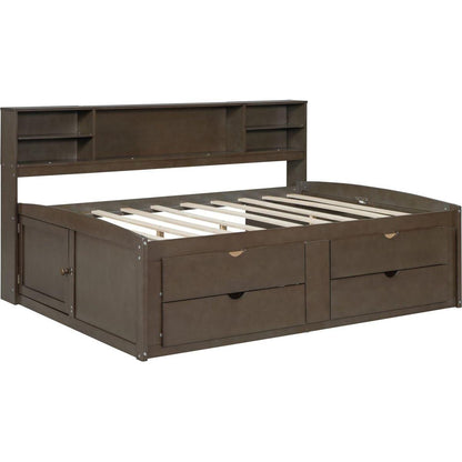 Full Size Wood Daybed with 2 Bedside Cabinets, Upper Shelves and 4 Drawers, Antique Brown