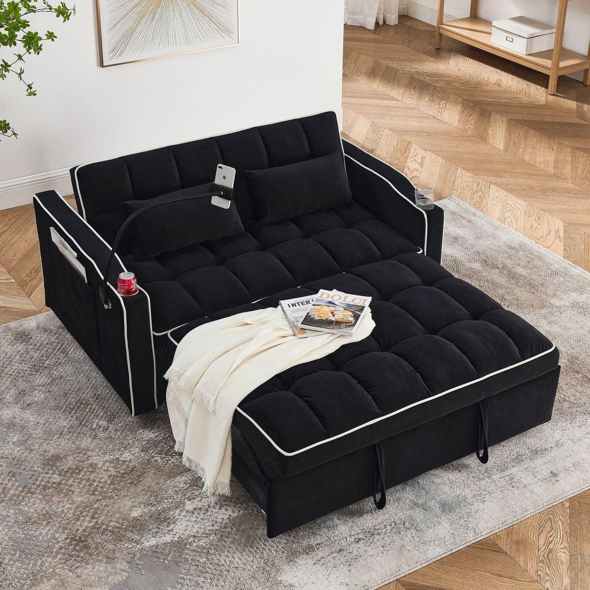 55.51 inch versatile foldable sofa bed in 3 lengths, modern sofa sofa sofa velvet pull-out bed, adjustable back and with USB port and ashtray and swivel phone stand (Black)