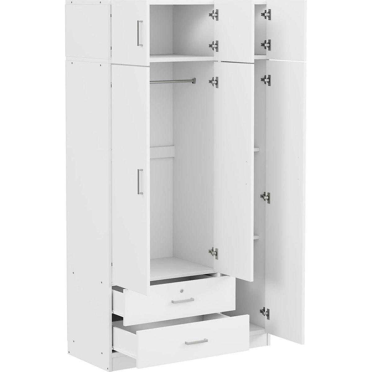 3-Door Mirror Wardrobe with 2 Drawers and Top Cabinet,White