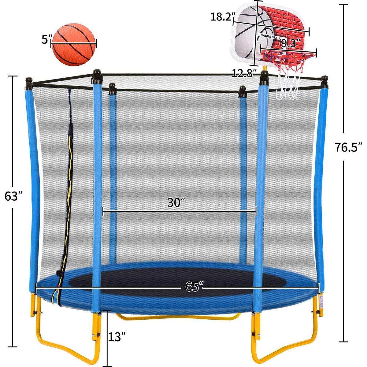 5.5FT Trampoline for Kids - 65" Outdoor & Indoor Mini Toddler Trampoline with Enclosure, Basketball Hoop and Ball Included