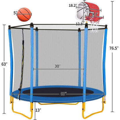 5.5FT Trampoline for Kids - 65" Outdoor & Indoor Mini Toddler Trampoline with Enclosure, Basketball Hoop and Ball Included