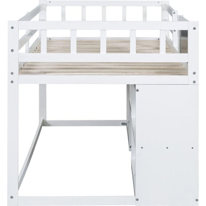 Twin Size Low Loft Bed with Rolling Desk, Shelf and Drawers - White