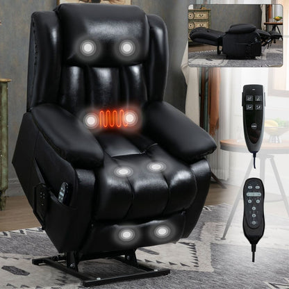 Dual Motor Infinite Position Up to 350 LBS Electric Medium size Genuine Leather Black Power Lift Recliner Chair with 8-Point Vibration Massage and Lumbar Heating