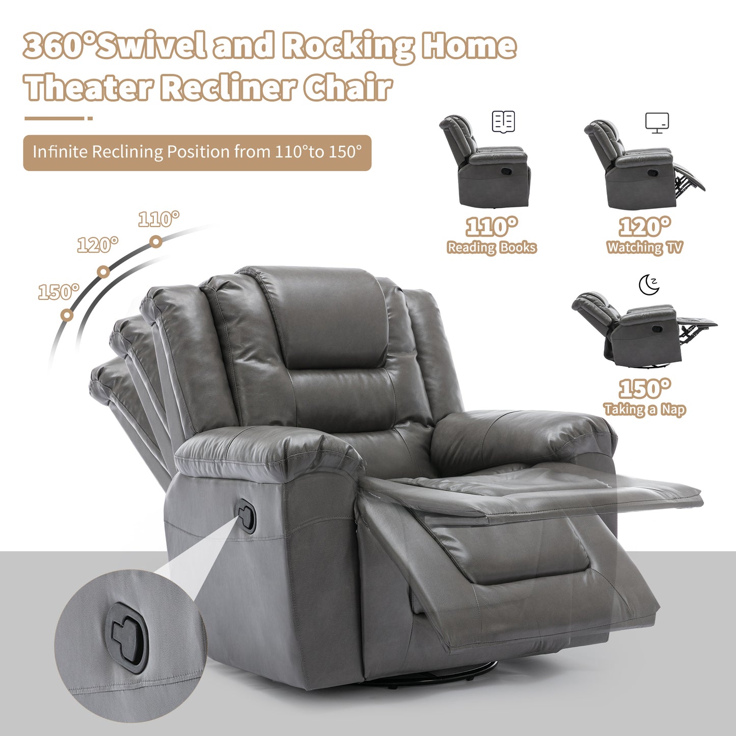 360Swivel and Rocking Home Theater Recliner Manual Recliner Chair with Wide Armrest for Living Room,Bedroom, Grey