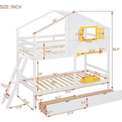Twin over Twin Bunk Bed with 2 Drawers, 1 Storage Box, 1 Shelf, Window and Roof-White