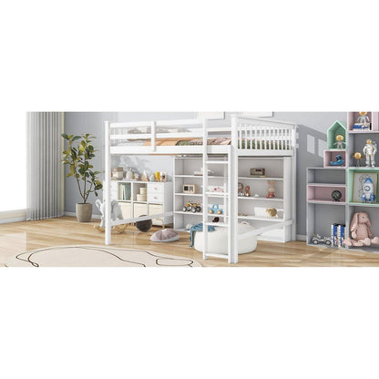 Full Size Loft Bed with 8 Open Storage Shelves and Built-in Ladder, White