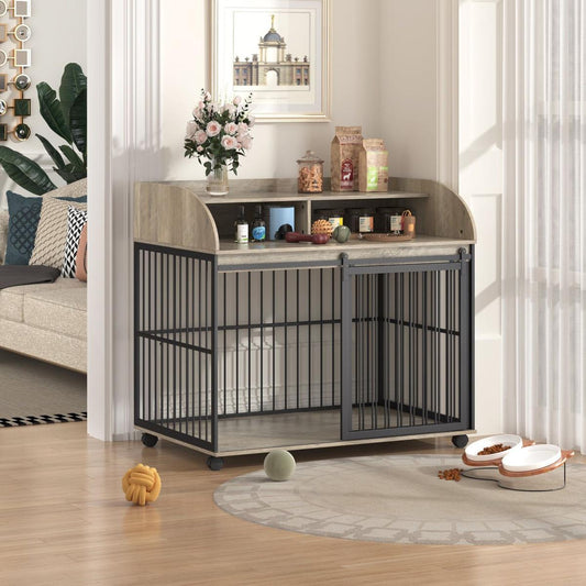44" Heavy Duty Large Dog Crate Furniture for Large Medium Dog with Lockable Wheels, Wooden Dog Crate Dog Kennel, End Table Crate with Double layer storage, Gray