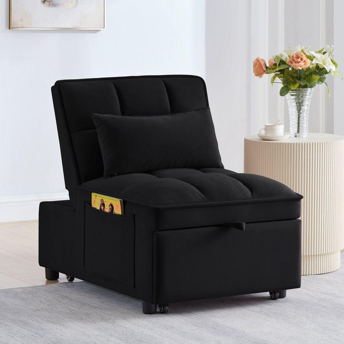 4 in1 Multi-Function Single Sofa Bed with Storage Pockets,Tufted Single Pull-out Sofa Bed with Adjustable Backrest and Pillows, Convertible Chaise Lounge,Black