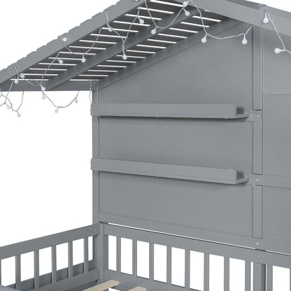Twin Size House Bed with Shelves, House Bed with Window and Sparkling Light Strip on the Roof, Gray