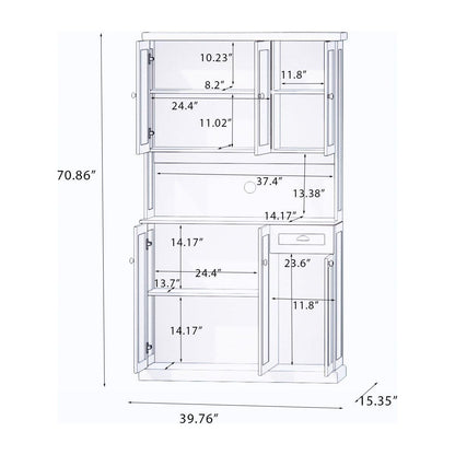 71" Kitchen Pantry Storage Cabinet with Microwave Oven Countertop, Freestanding Hutch Cabinet with Adjustable Shelves, 6 Doors and 1 Drawer-White