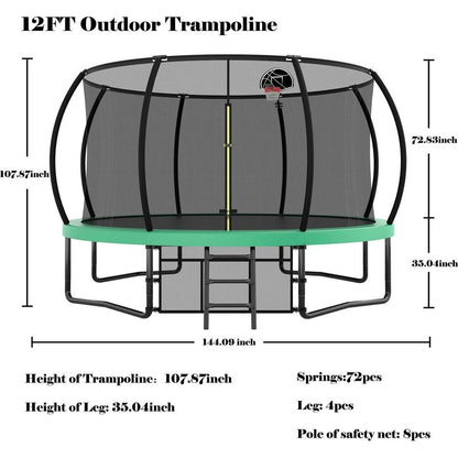 12FT Recreational Kids Trampoline with Safety Enclosure Net & Ladder, Outdoor Recreational Trampolines