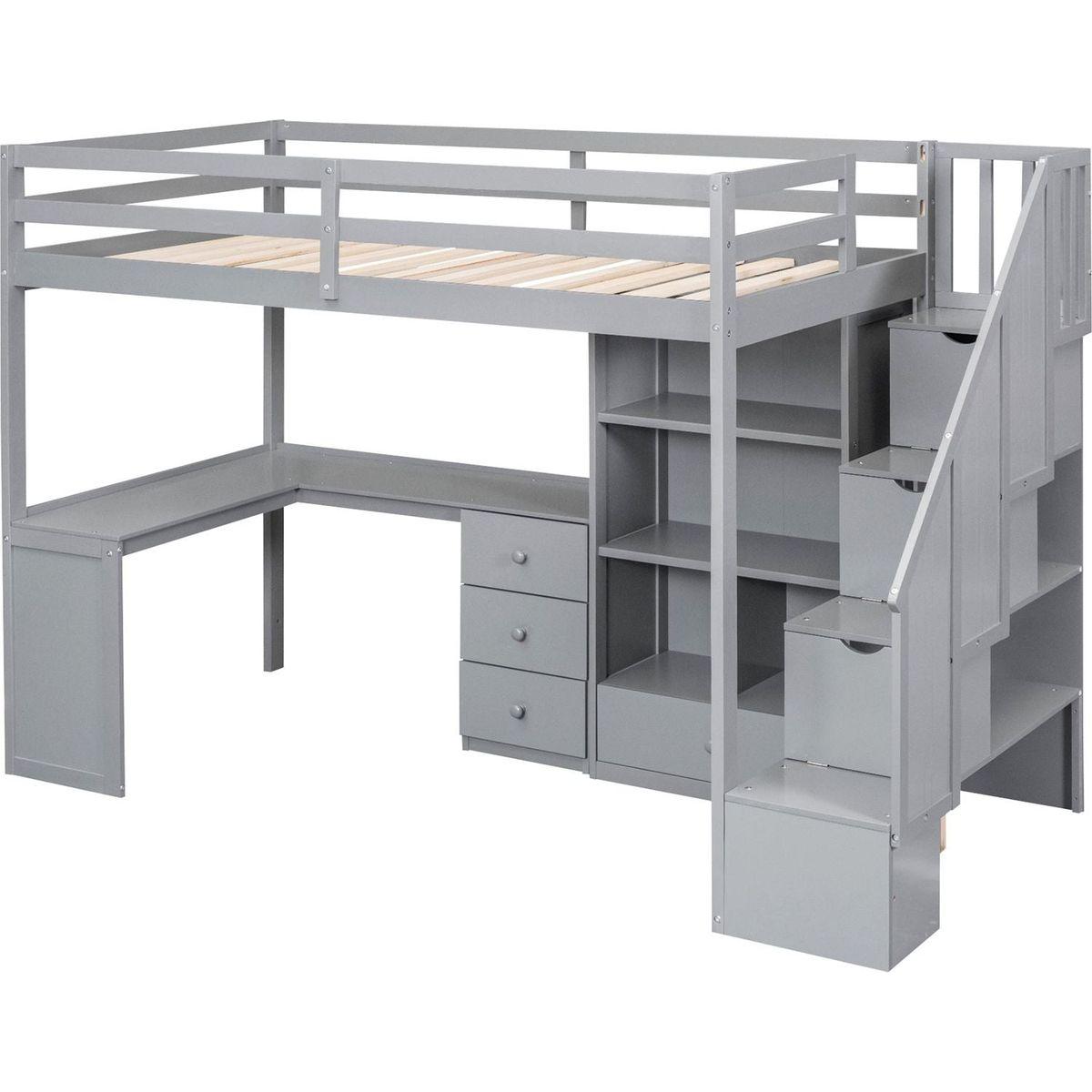 Twin Size Loft Bed with L-Shaped Desk and Drawers, Cabinet and Storage Staircase, Gray