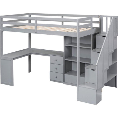 Twin Size Loft Bed with L-Shaped Desk and Drawers, Cabinet and Storage Staircase, Gray